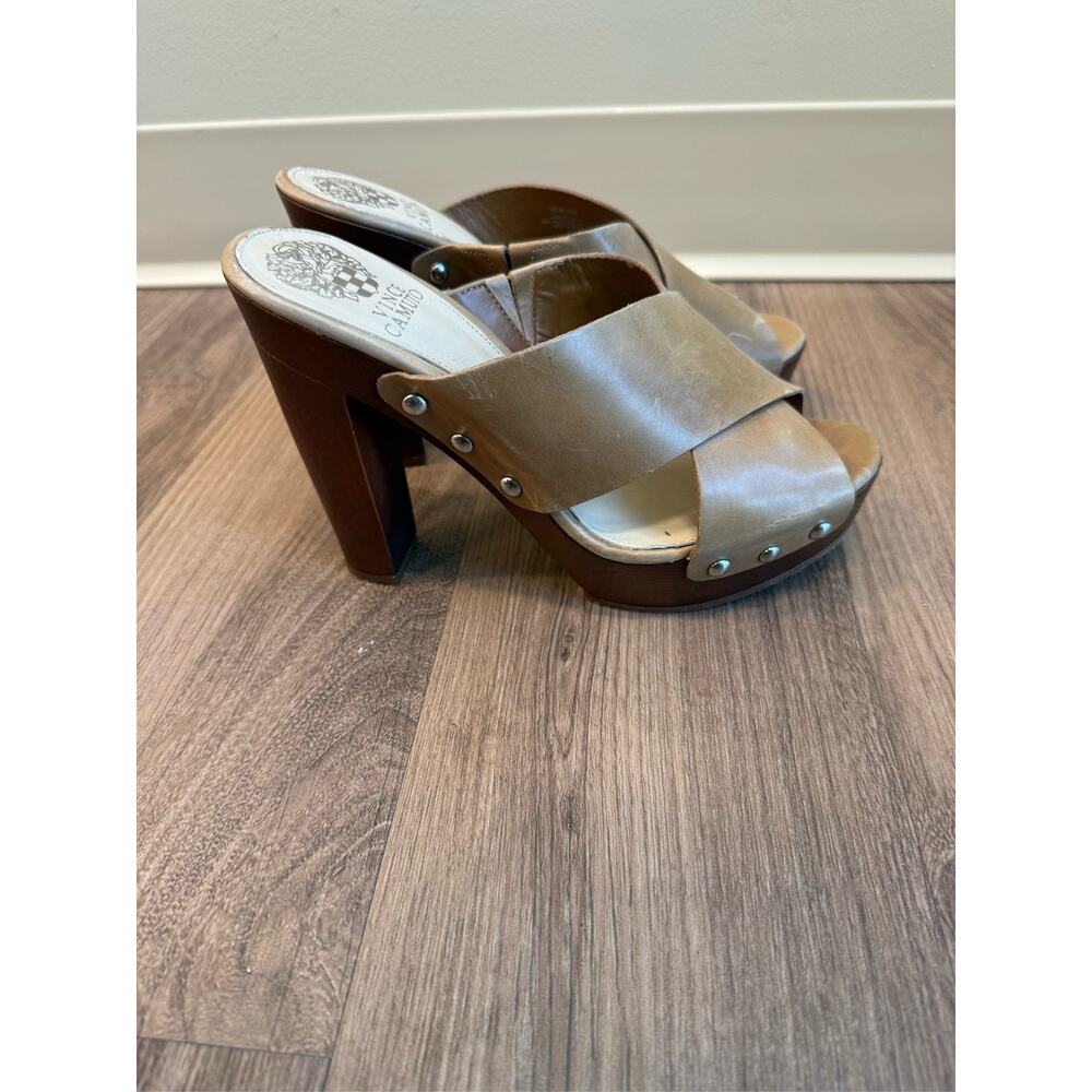 Vince Camuto Tan Leather Criss Cross Slide Mule Heels Size 8 - Picture 5 of 11